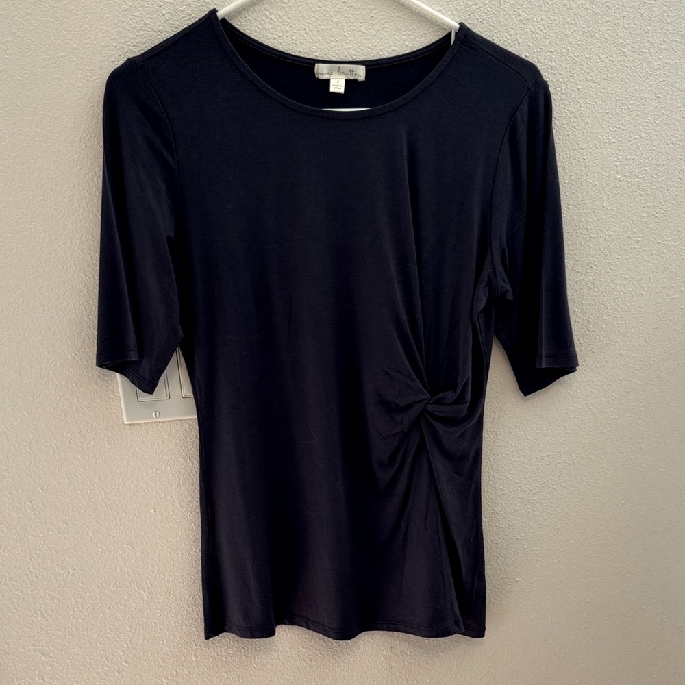 Nine Britton Chic and Classy Navy Ruched Knot Blouse, Sz S